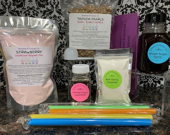 Deluxe STRAWBERRY Powder Milk Tea Bubble Tea Boba Tapioca Pearls Brown Sugar Syrup DIY KIT Smoothie Slushy