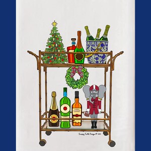 May include: A decorative bar cart illustration featuring bottles of champagne, liquor, and a Christmas tree. A football-themed nutcracker is also present. The cart is adorned with a wreath and gift boxes. The design includes the text "Swappy Turtle Designs © 2024".