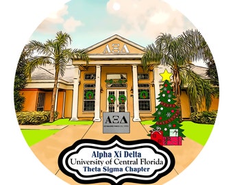 May include: A round graphic featuring a building with columns, palm trees, and a Christmas tree. The text reads "Alpha Xi Delta, University of Central Florida, Theta Sigma Chapter."