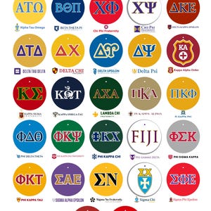 May include: A collection of fraternity Christmas ornaments, each featuring a different Greek letter symbol and fraternity name. The ornaments are round with various color schemes and designs. The top of the image reads "Fraternity Christmas Ornaments."