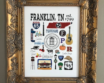 May include: A framed print featuring the text "FRANKLIN, TN" with various illustrations of local landmarks and icons. The print includes a map outline of Tennessee, a guitar, and a pumpkin. The frame is ornate with a gold finish.