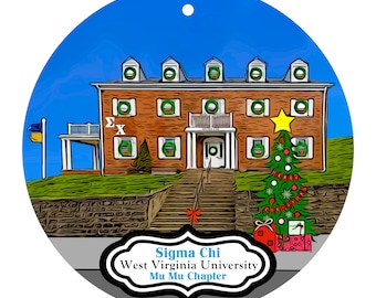 May include: Round Christmas ornament featuring a brick building with a Christmas tree and gifts. The ornament has the text "Sigma Chi West Virginia University Mu Mu Chapter" in a white and black frame. A blue and yellow flag is also visible.
