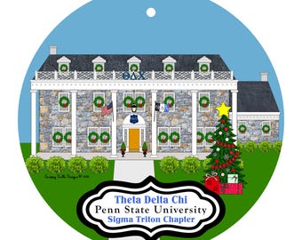 May include: A round Christmas ornament featuring a detailed illustration of a stone building decorated for the holidays. The building has wreaths, a Christmas tree, and the text "Theta Delta Chi Penn State University Sigma Triton Chapter."