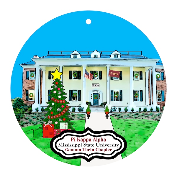 Pi Kappa Alpha Fraternity House at Mississippi State University Christmas Ornament - Gamma Theta Chapter - ΠΚΑ - PIKE - MSU - Hail State!!