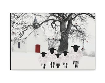 Escena invernal nevada con pájaros rojos y ovejas. Lienzo estirado mate de 1,25 pulgadas.