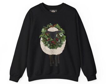 Sudadera de cuello redondo con corona de oveja lanuda / Cuadros navideños de cabaña acogedores