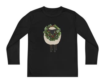 Camiseta juvenil de manga larga con oveja lanuda y corona de pino / Feliz Navidad, estilo cottagecore