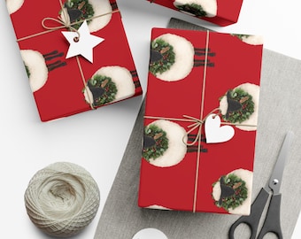Papel de regalo navideño con estampado de ovejas, en blanco, negro y crema.