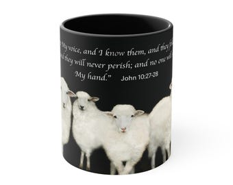 Taza de 325 ml - Juan 10:27-28 - Taza con acento bíblico / Diseño de oveja lanuda