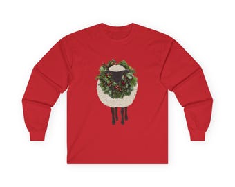 Camiseta de manga larga para adultos con oveja lanuda y corona de Navidad