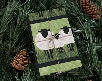 Papel de regalo navideño de ovejas, estampado de cuadros verdes
