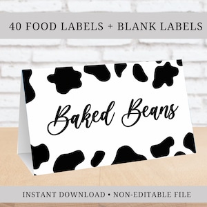Cow Print Food Cards, Food Labels for Picnic, Farm Birthday Food Tents, Rustic Baby Shower, Summer BBQ Food Signs, Picnic Buffet Card