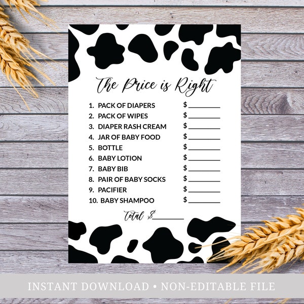 Price is Right Cow Print Party Game, Farm Theme Baby Shower Party, Cow Print Party Supplies, Rustic Farm Baby Shower, Baby Shower Games