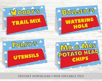 May include: Four printable food labels featuring characters from the Toy Story movie franchise. The labels are blue with white clouds and red and yellow text. The labels read "Woody's Trail Mix", "Bullseye's Watering Hole", "Forky's Utensils", and "Mr. & Mrs. Potato Head Chips".
