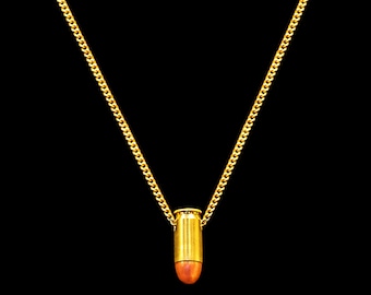 Gold Bullet Charm Necklace, Long Gold Chain, Gold 45 Caliber Genuine Bullet