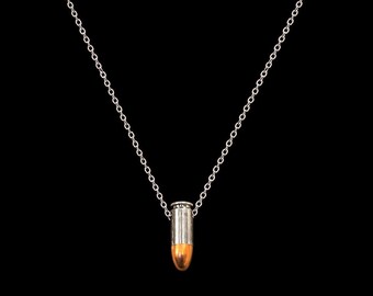 Silver Bullet Charm Necklace, Long Silver Chain, Silver 9mm Genuine Bullet