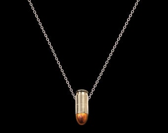 Silver Bullet Charm Necklace, Long Silver Chain, Silver 45 Caliber Genuine Bullet Necklace