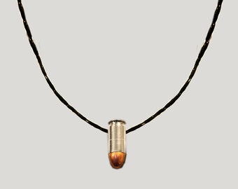 Silver Bullet Charm Necklace, Black Leather Rope, Silver 45 Caliber Genuine Bullet