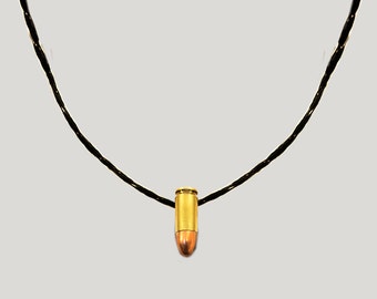 Gold Bullet Charm Necklace, Black Leather Rope, Gold 9mm Genuine Bullet Necklace