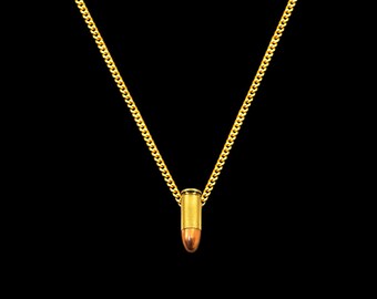 Gold Bullet Charm Necklace, Long Gold Chain, Gold 9mm Genuine Bullet