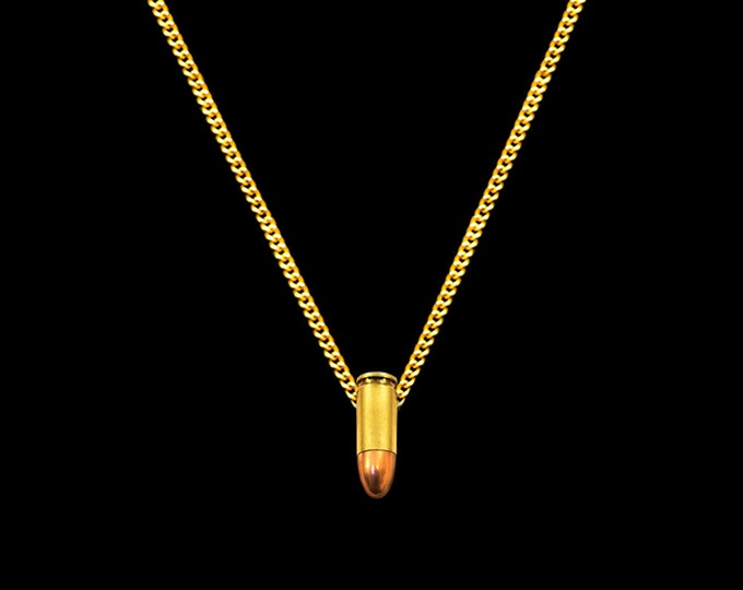 Gold Bullet Charm Necklace, Long Gold Chain, Gold 9mm Genuine Bullet