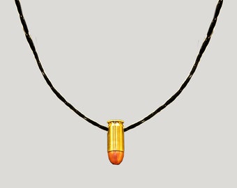 Gold Bullet Charm Necklace, Black Leather Rope, Gold 45 Caliber Genuine Bullet
