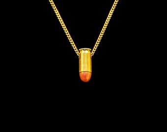 Gold Bullet Charm Necklace, Short Gold Chain, Gold 45 Caliber Genuine Bullet