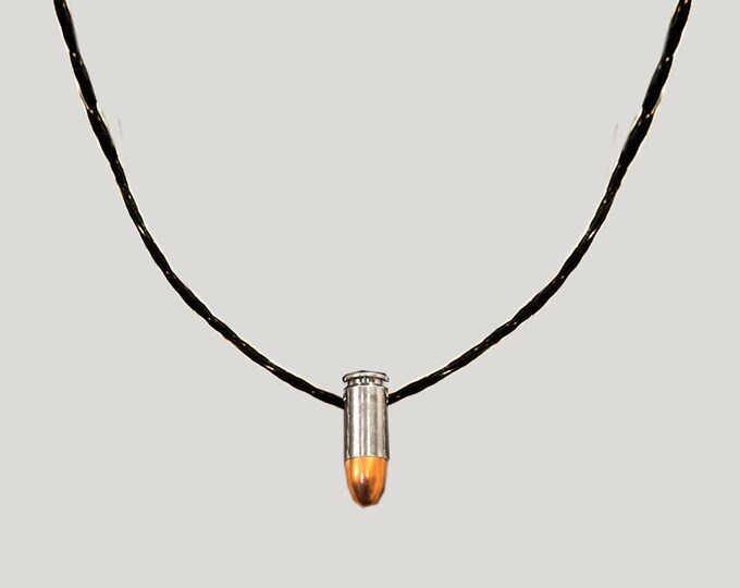 Silver Bullet Charm Necklace, Black Leather Rope,  Silver 9mm Genuine Bullet