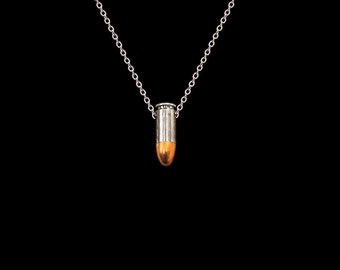Silver Bullet Charm Necklace, Short Silver Chain, Silver 9mm Genuine Bullet