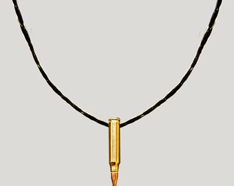 Gold Bullet Charm Necklace, Black Leather Rope, Gold Remington Rifle Genuine Bullet