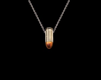 Silver Bullet Charm Necklace, Short Silver Chain , Silver 45 Caliber Genuine Bullet