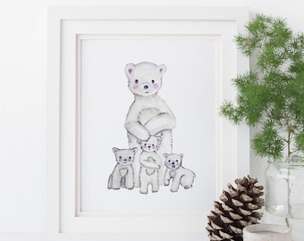 Polar Bear Family Print - EcoFriendly, Eco, Green, Recycled, Gives Back, Wildlife Conservation, Watercolor, Baby
