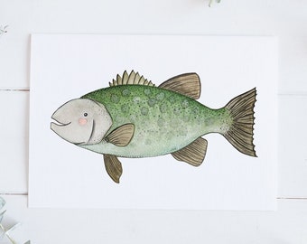 Sea Bass Print - EcoFriendly, Eco, Green, Recycled, Gives Back, Wildlife Conservation, Whales, Watercolor, Ocean, Marine, Animals