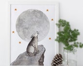 Gray Wolf / Original - Watercolor, Wolves, EcoFriendly, Eco, Green, Recycled, Gives Back, Wildlife Conservation, Moon, Stars, Woodland, grey