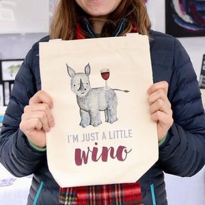 Organic Cotton Wine Bag / Tote I'm just a little wino black rhino, give back, eco-friendly, wine lover, wildlife conservation, rhinos image 2