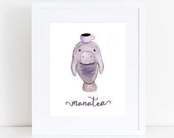 Manatea Print - EcoFriendly, Eco, Green, Recycled, Gives Back, Wildlife Conservation, Watercolor, Baby, Tea