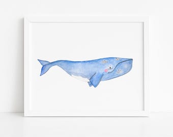Watercolor Right Whale Print: Eco-Friendly Wildlife Art
