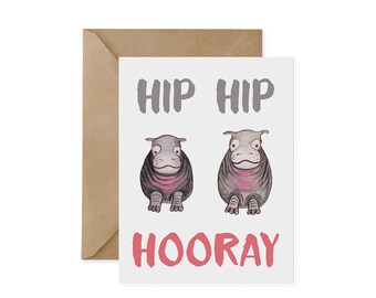 Pygmy Hippo Card / Hip Hip Hooray - EcoFriendly, Hippos, Congrats, Celebrate, Water, Endangered, Recycled, Gives Back, Wildlife Conservation