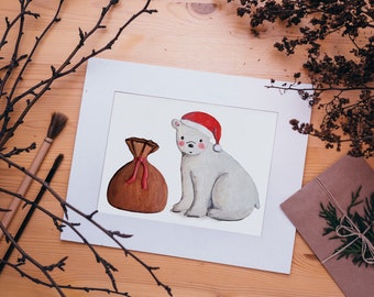 Santa Polar Bear Print - EcoFriendly, Eco, Green, Recycled, Gives Back, Wildlife Conservation, Watercolor, Baby