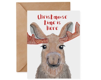 Moose Holiday Card/Print "Christmoose Time Is Here" -  ecofriendly, recycled, animals, christmas, pun, cute, green, moose, lights, maker