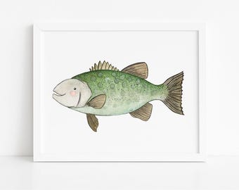 Watercolor Sea Bass Print: Eco-Friendly Ocean Art