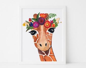 Giraffe Flower Crown Print: Eco-Friendly Wildlife Art