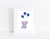 Pygmy Elephant Print / Balloon - Blue, Watercolor, Elephants, EcoFriendly, Eco, Green, Recycled, Gives Back, Conservation, Baby