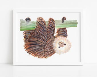 Two-Toed Sloth Art Print: Eco-Friendly Nursery Decor, Red + Wolf Illustration