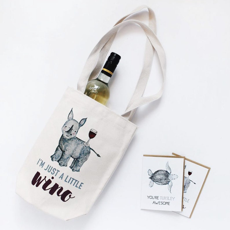 Organic Cotton Wine Bag / Tote I'm just a little wino black rhino, give back, eco-friendly, wine lover, wildlife conservation, rhinos image 1