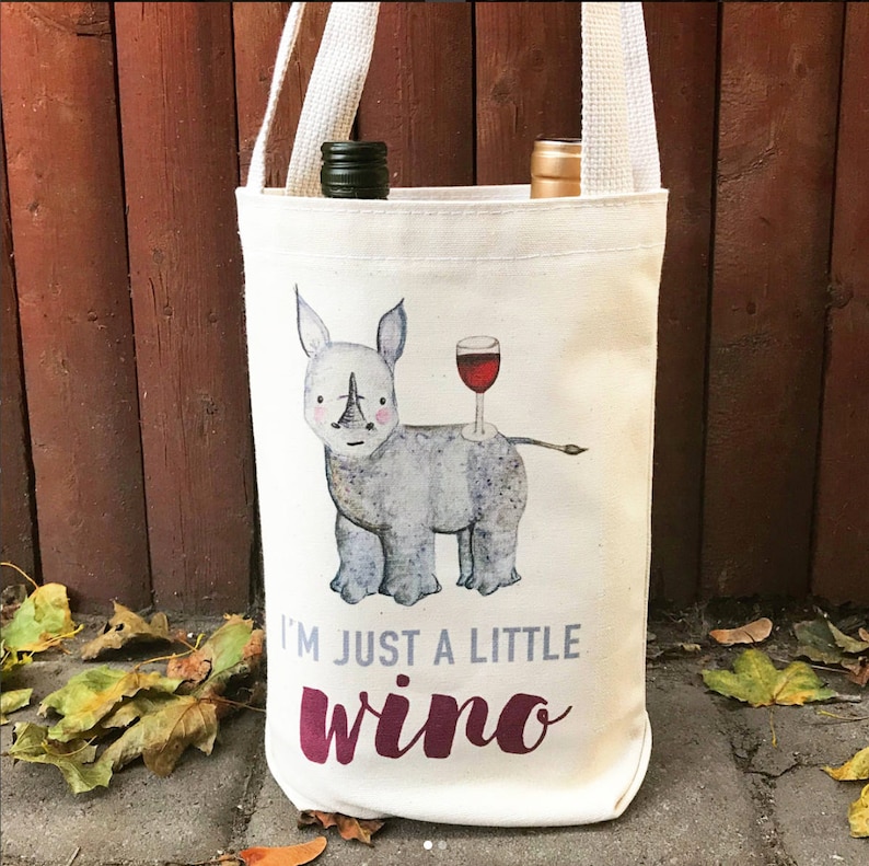 Organic Cotton Wine Bag / Tote I'm just a little wino black rhino, give back, eco-friendly, wine lover, wildlife conservation, rhinos image 4