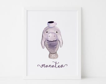 Manatee Tea Print: Whimsical Sea Cow Art - Eco-Friendly Nursery Decor
