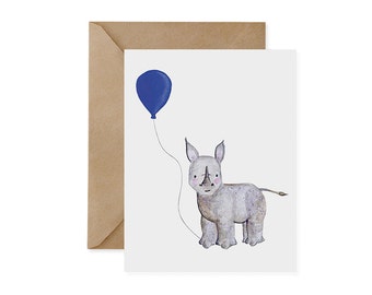 Black Rhino Card / Blue Balloon - EcoFriendly Card, Rhinos, Endangered, Recycled, Gives Back, Renewable Energy, Wildlife Conservation