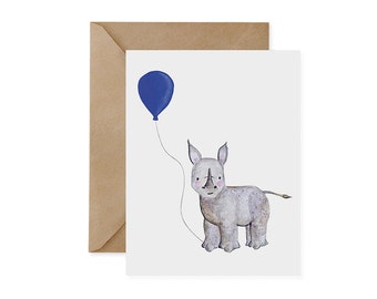 Rhino with Balloon Card –  Blank Inside – Black Rhino, Cute Animal Birthday, Celebration, Cheers Card, Eco Friendly, Blue, Pink, Recycled