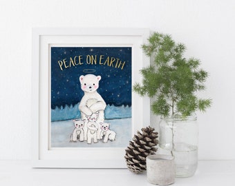Polar Bear Family "Peace on Earth" Print - EcoFriendly, Eco, Green, Recycled, Gives Back, Wildlife Conservation, Watercolor, Baby